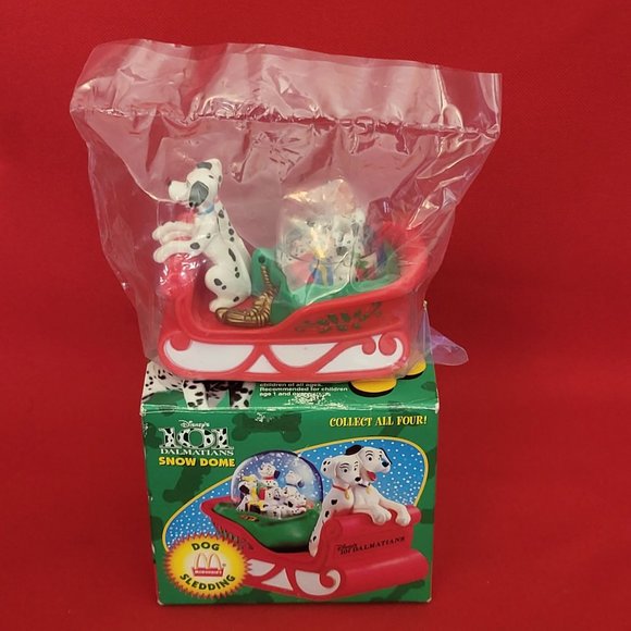 VTG McDonald’s Dalmatians Snow Globe Dome Toy Disney Dog Sledding 1996 NIB - Picture 4 of 12